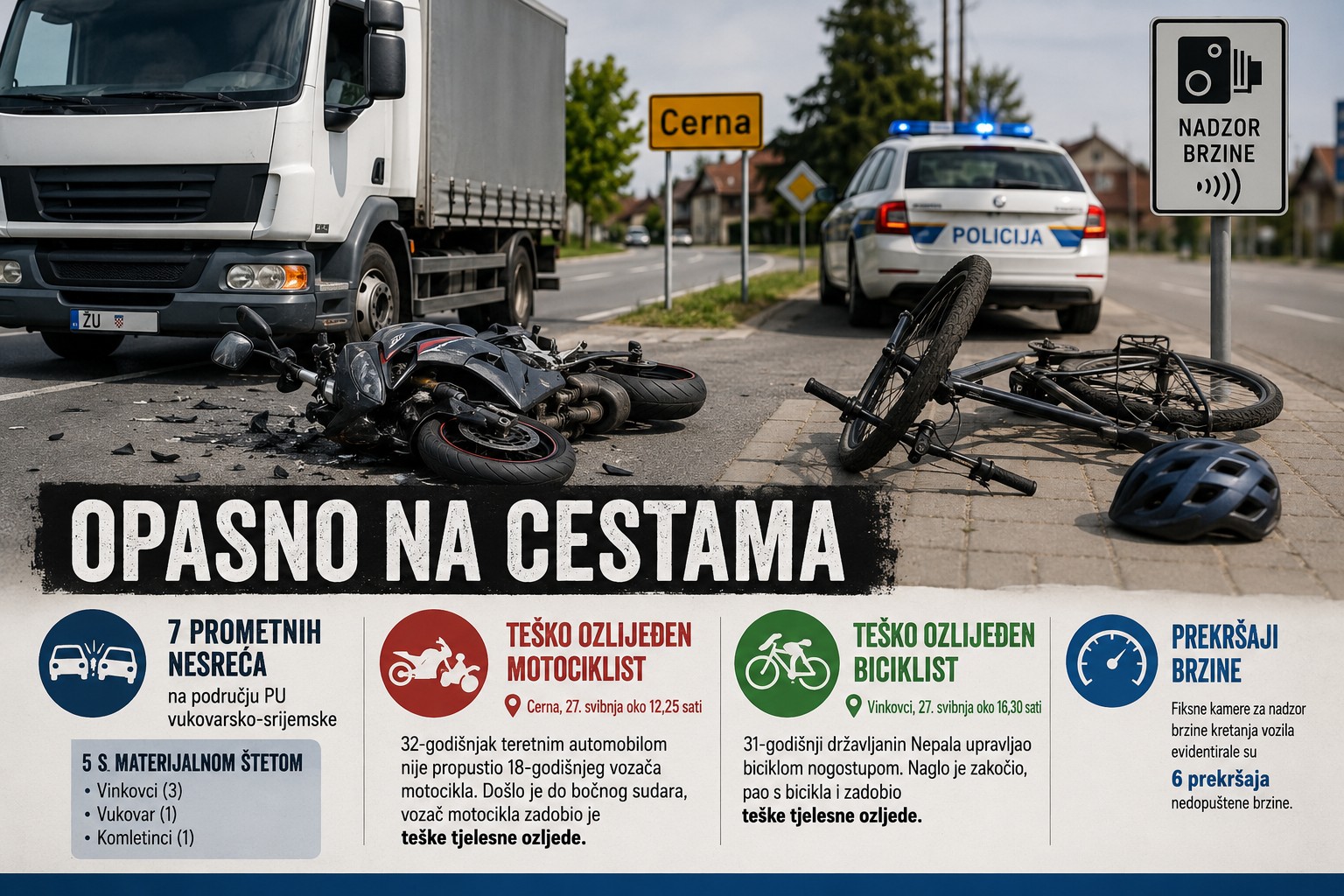 Sedam prometnih nesreća u jednom danu: motociklist i biciklist teško ozlijeđeni