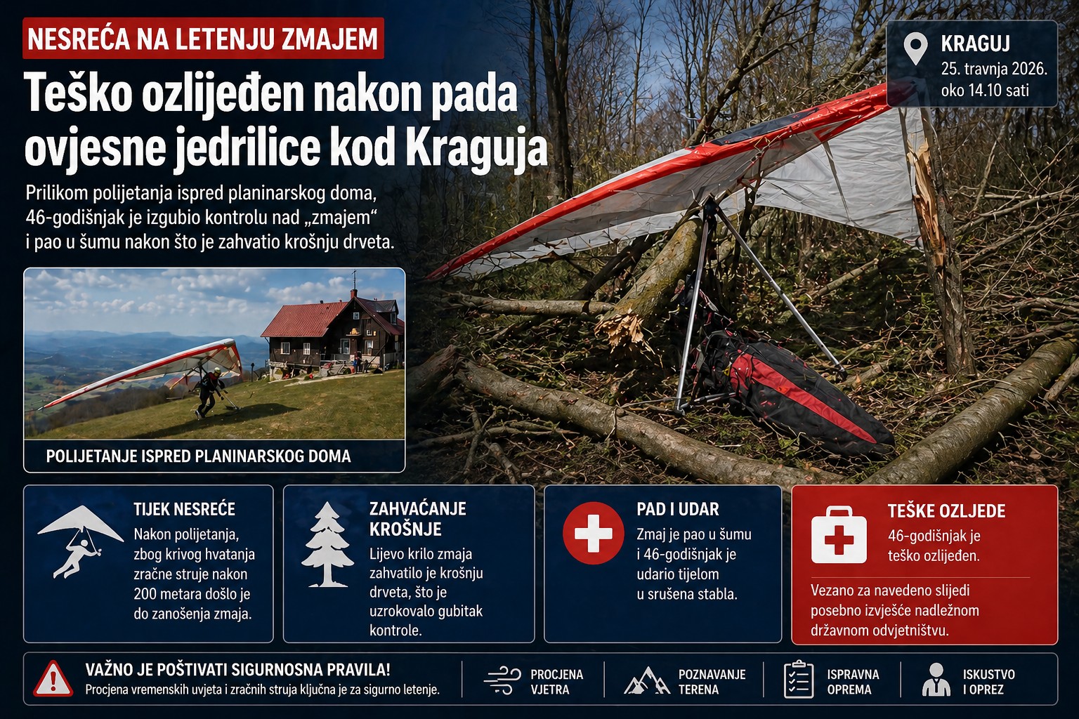 Teško ozlijeđen nakon pada ovjesne jedrilice kod Kraguja