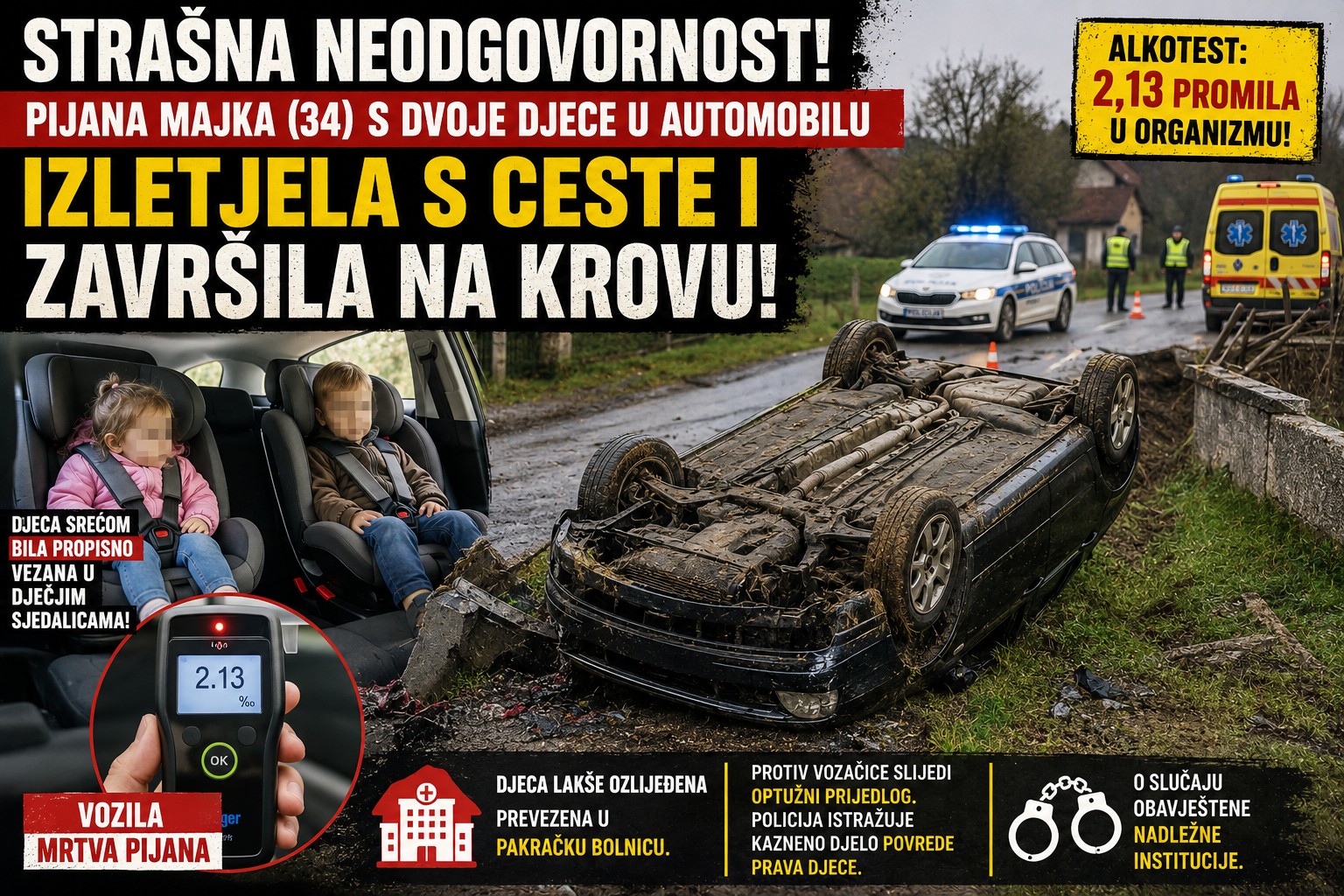 Pijana majka s 2,13 promila vozila dvoje djece pa završila na krovu auta